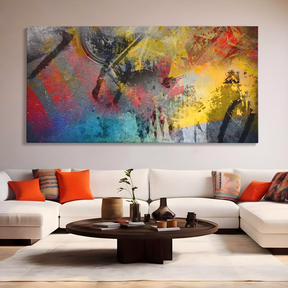 Tablou canvas cu pictura abstracta cu pete vibrante, fara rama, pe sasiu de lemn, pe perete intr-un living